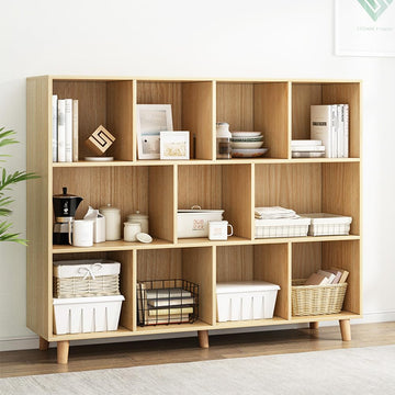 Open Cubes Low Bookcase - 3-Tier 11-Cube Short Bookshelf in Oak
