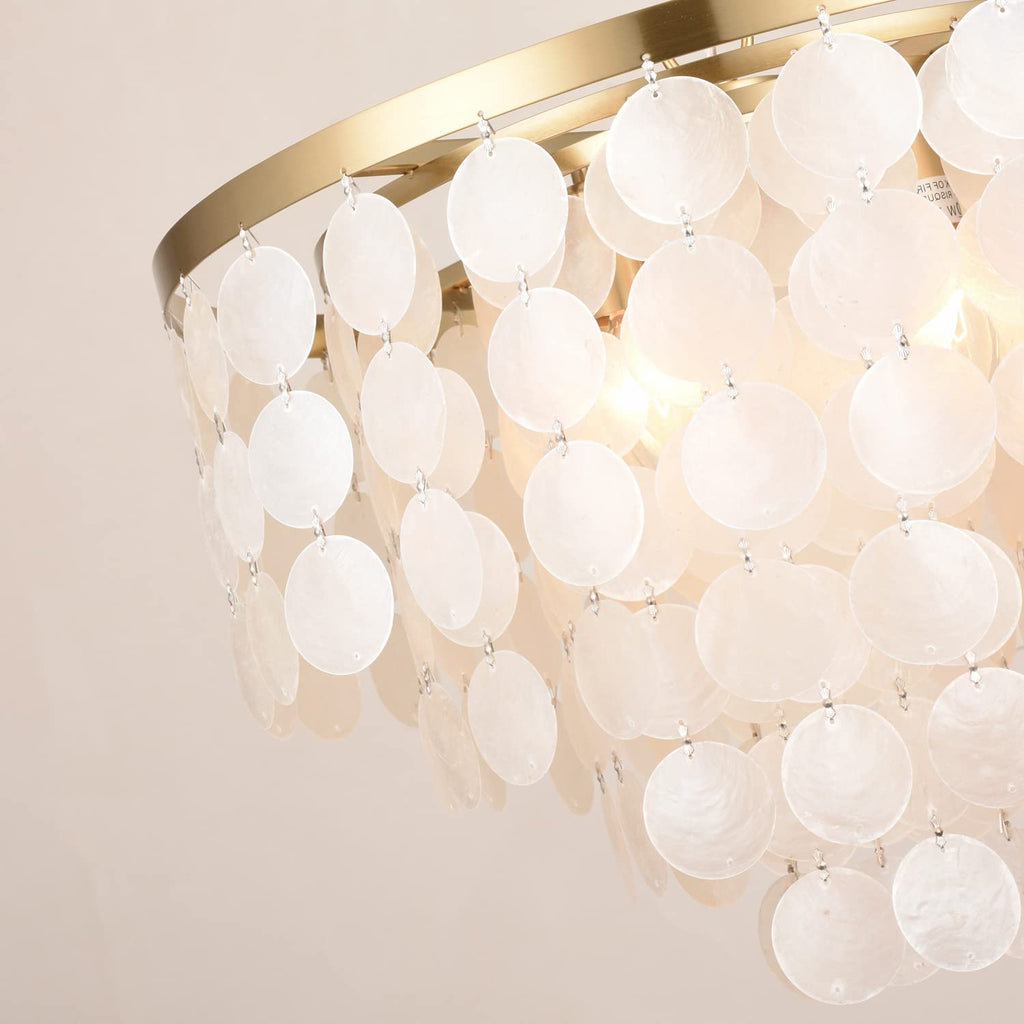 18.2" White Shell Chandeliers, Brushed Brass Finish, Coastal Kitchen Island Light Fixture, 4 Light Modern Pendant