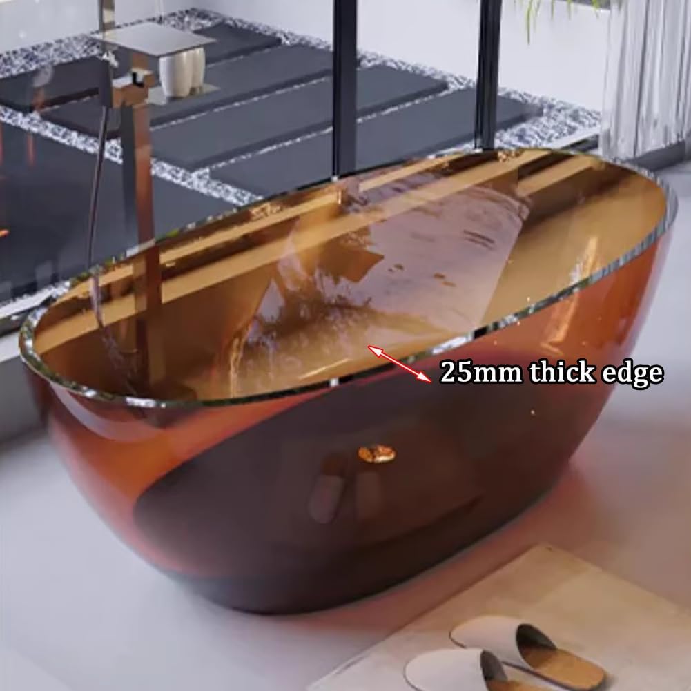 Luxury Transparent Resin Adult Bathtub, Modern Deep Soaking Spa Bathtub with Spring-Loaded Drain, Flat Bottom Design