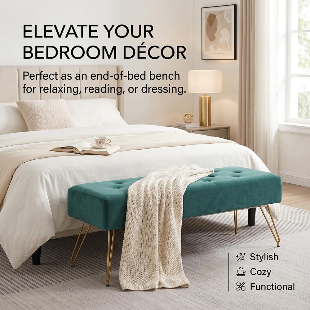 Velvet Button-Tufted Entryway Bench, 39.37" Modern Upholstered Bedroom Bench with Gold Metal Legs, Padded Rectangular