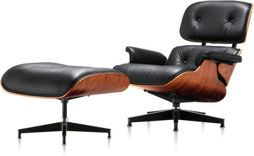 Mid-Century Modern Lounge Chair & Ottoman — Black Bonded Grain Leather, Walnut Base, Wide Tall Back