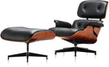 Mid-Century Modern Lounge Chair & Ottoman — Black Bonded Grain Leather, Walnut Base, Wide Tall Back