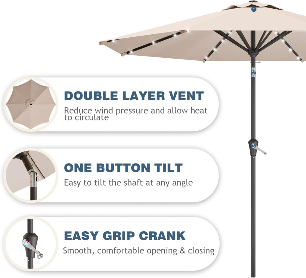 9FT Patio Umbrella with Solar Lights,Outdoor Market Umbrella with Tilt and Crank