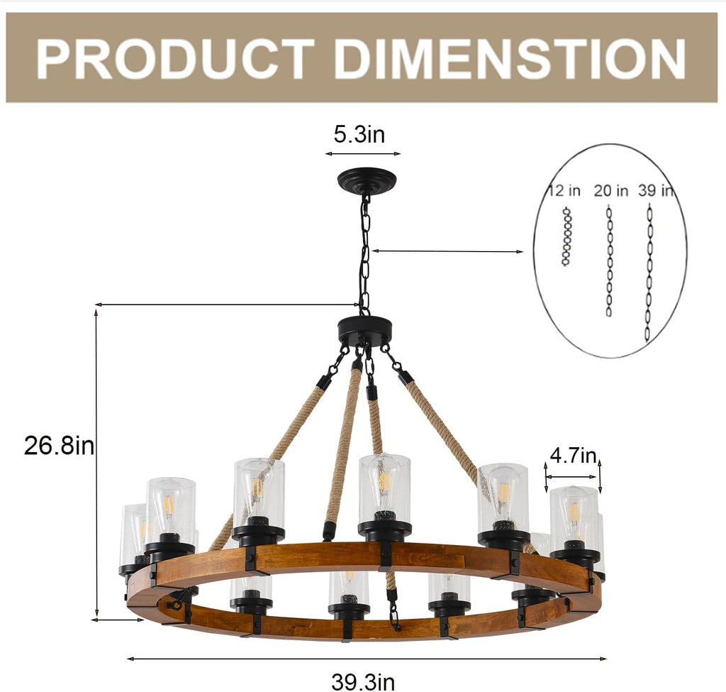 Inspired Camino Style Chandelier - Rustic 12 Light Round Wood Wagon Wheel Chandelier with Seeded Glass Shade, Farmhouse for Dining Room, Kitchen Island, Foyer and Entryway