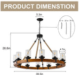 Rustic 12 Light Wagon Wheel Chandelier, Round Wood Pendant Light with Seeded Glass Shade, Farmhouse Chandeliers for Dining Room Kitchen Island Foyer Entryway A105-B0F2SQPLWT