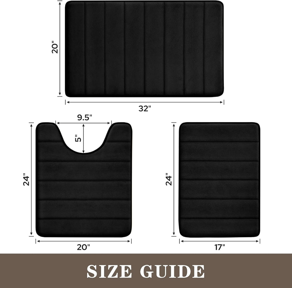 Black Memory Foam Bathroom Rug Set 3 Piece, Non Slip Extra Soft Absorbent Washable & Dry Toilet Bath Mat Sets