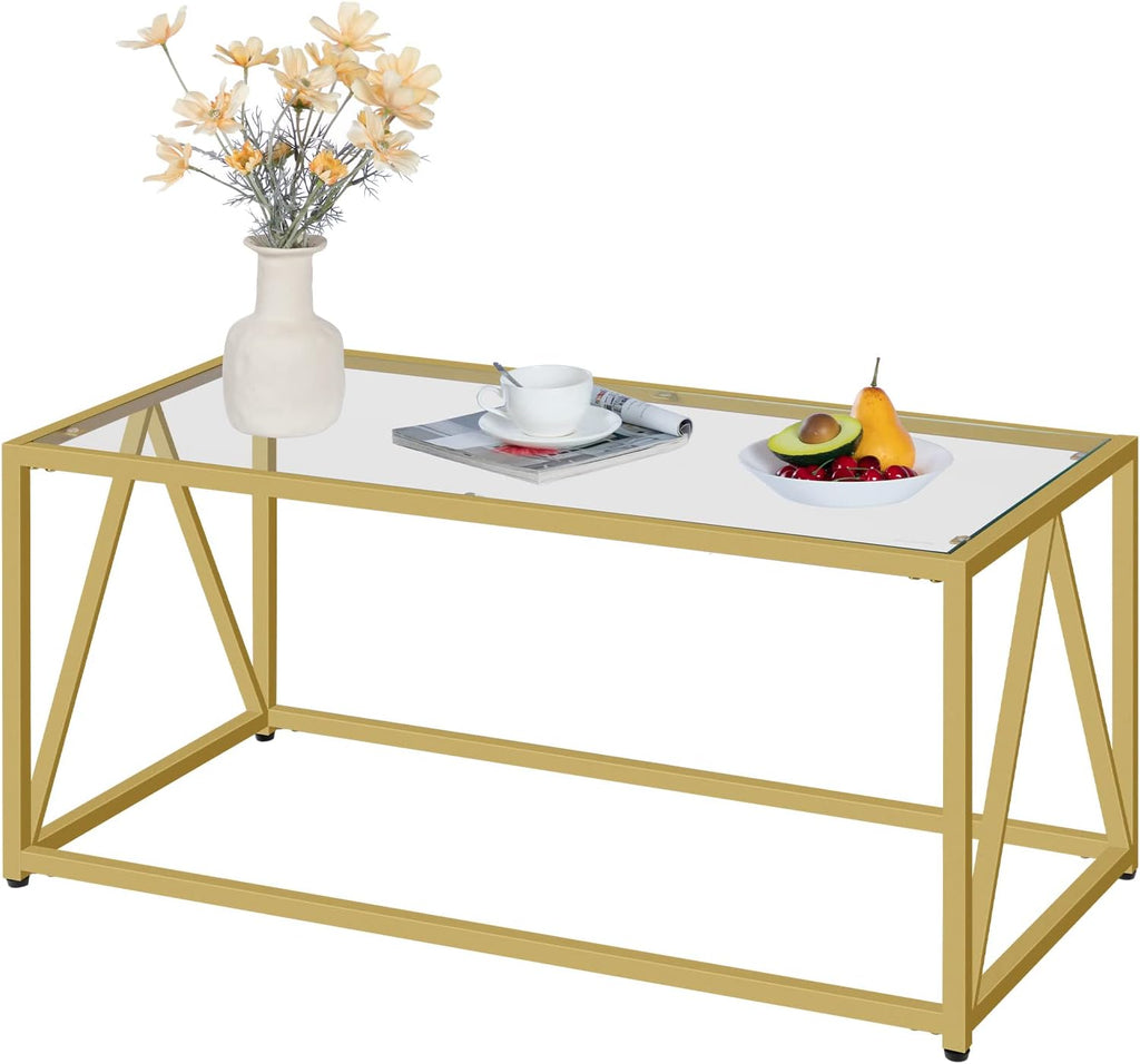 Glass Coffee Table, Gold Coffee Tables, Gold Glass Coffee Table,1 Layer Center Table, Modern, 39.4 x 19.7 x ...