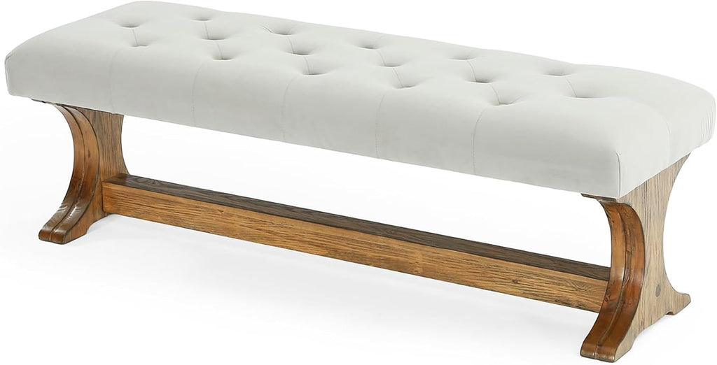 55" Upholstered End of Bed Bench, Solid Wood Tufted Entryway Bench, Farmhouse Ottoman with Cushion , Foot of Bed