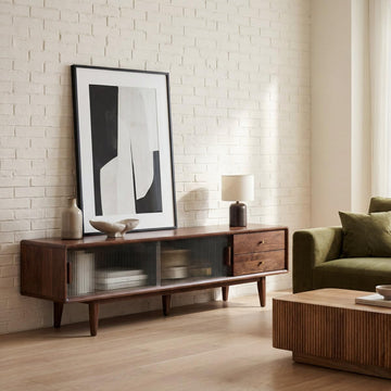 70.9"L Solid Wood TV Stand for 75 Inch TV, Oak, Fluted Glass Doors, Walnut