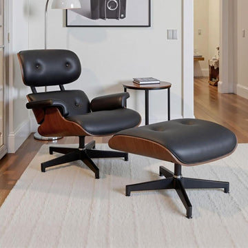 Modern Reclining Swivel Lounge Chair and Ottoman — Black Leather