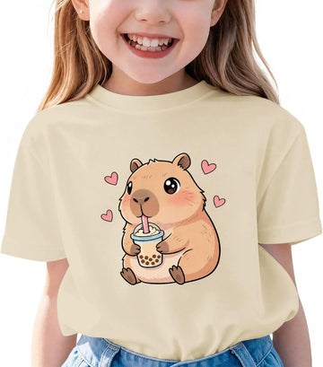 Capybara Shirt for Girls Cute Graphic Tees Kids Kawaii Animal Print T Shirts Funny Cartoon Summer Cotton Tops