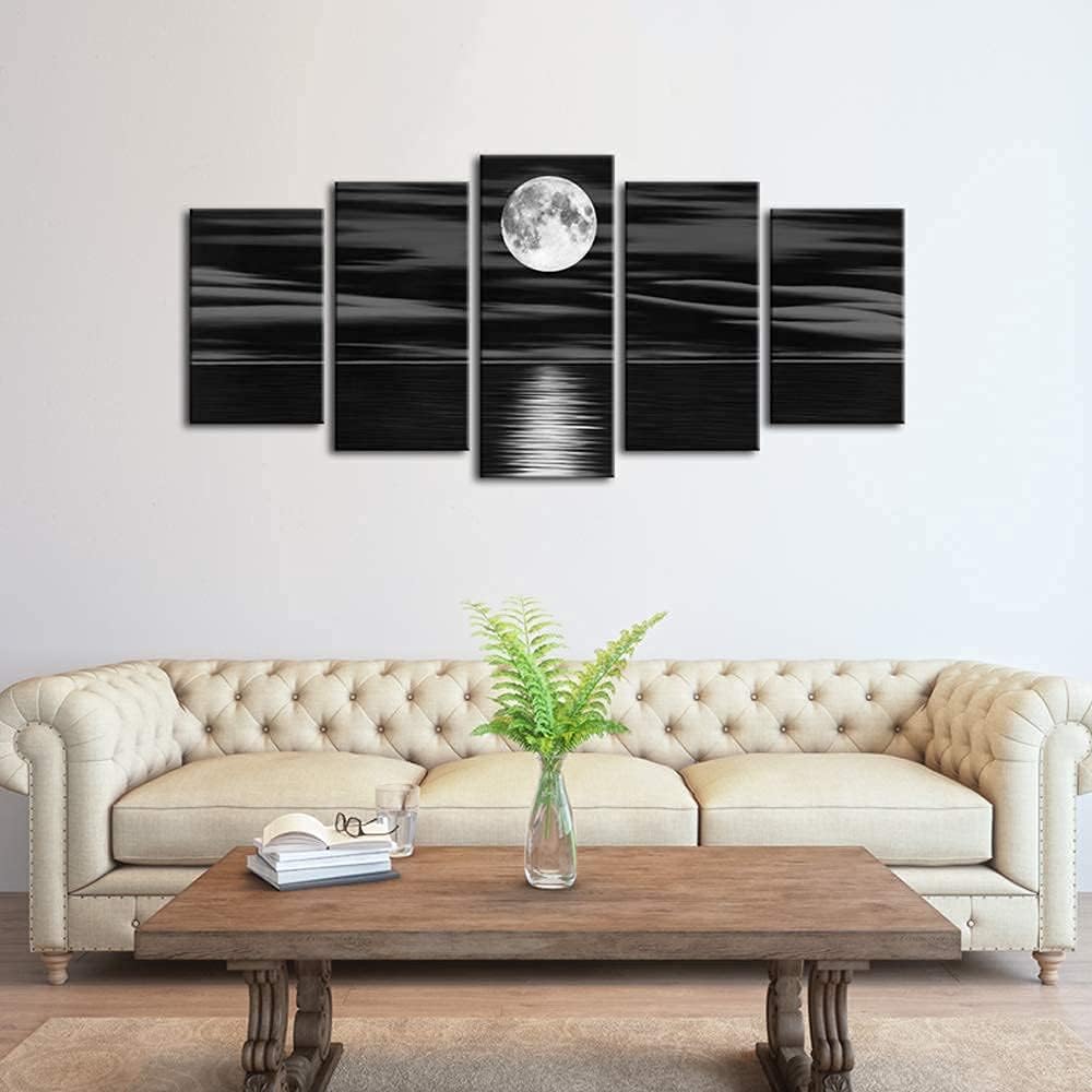 Sea White Full Moon in Night Canvas Print Wall Art Black and White Ocean Beach Bedroom Kitchen Home Decorations 5