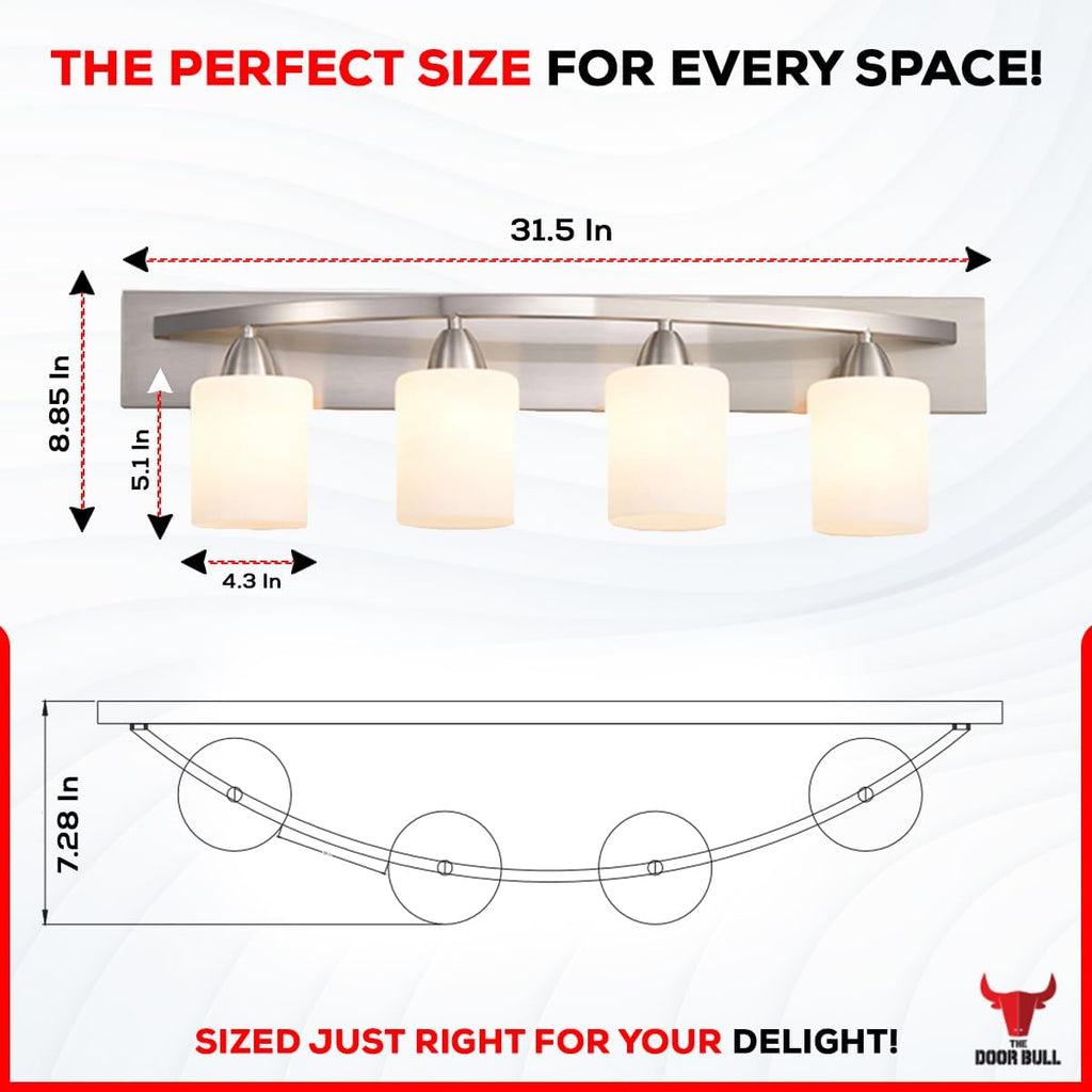 4-Light Bathroom Vanity Bar Light Fixture - Brushed Nickel | Modern Frosted glass shades with E26 socket. Matte Wall
