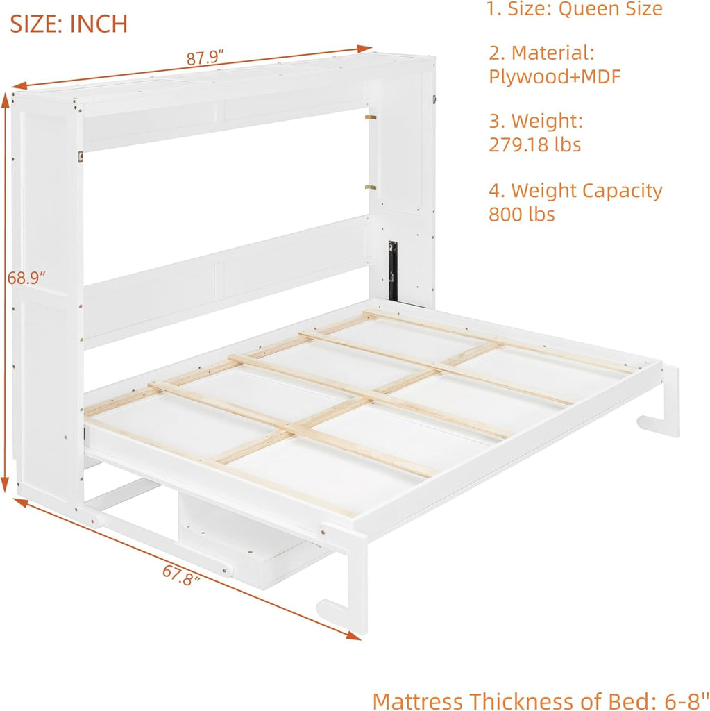 Queen Murphy Bed with Vanity Desk, Foldable Murphy Cabinet Bed with Center Mirror and 2 Side Storage Drawers, Wood