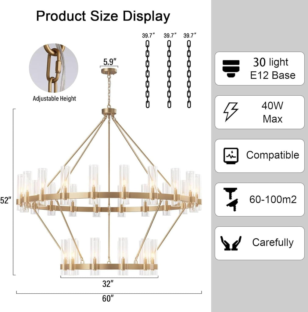 Inspired Ravelle Style 30-Lights Gold Chandelier,Wagon Wheel Chandelier with Glass Shade,60 Inch Large Round Industrial High Ceilings Pendant Lighting Fixture for Dining Room, Living Room, Kitchen Island, Foyer