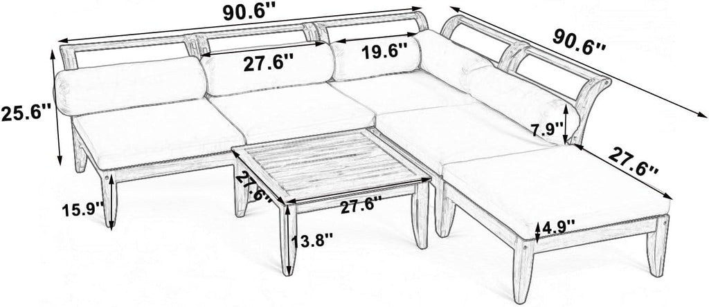6 Piece Patio Sofa Set, Acacia Wood Outdoor Modular Sectional Garden Furniture Set, L-Shaped Conversation Set