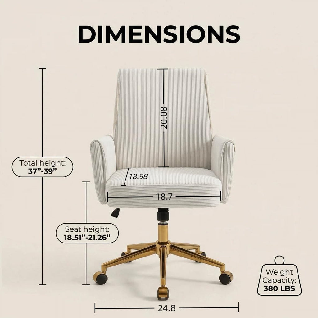Velvet 360°Swivel Desk Chair, Modern Height Adjustable Home Office Armchair with Gold Base and Wheels for