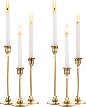 2 Sets(6 Pcs) Brass Gold Metal Taper Candle Holders Candlestick Holders, Vintage Modern Decorative Centerpiece
