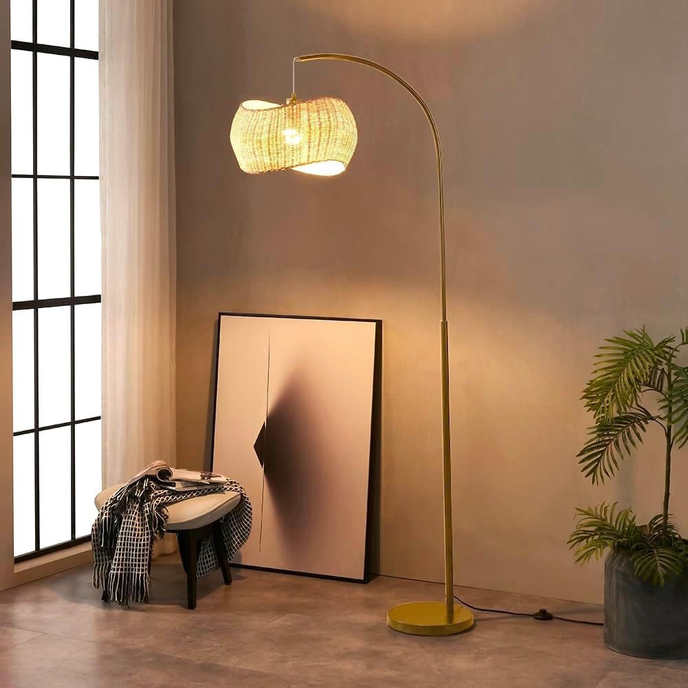 Wave Arc Floor Lamp - Chic Standing Lamp with Unique Hanging Wicker Pendant Shade, Boho Rattan Natural Decor Lamp