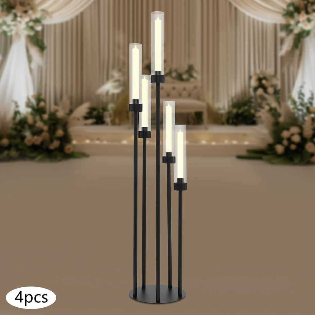 5 Arm Candelabra Set of 4 with Acrylic Lampshades, 41.3 Inch Tall Candelabra Centerpieces for Table, Metal Floor