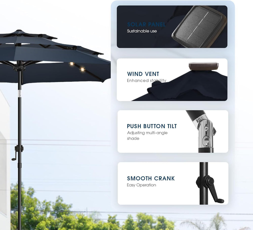 9FT 3Tiers Solar Led Patio Umbrella, Sturdy Outdoor Market Umbrella Pool, Garden w/Tilt, Crank, 32 LED Lights, Navy Blue
