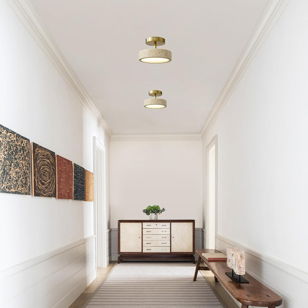 Wabi Sabi 8-inch Yellow Travertine Ceiling Light Fixture - Japanese Semi Flush Mount light with Brushde Gold Metal