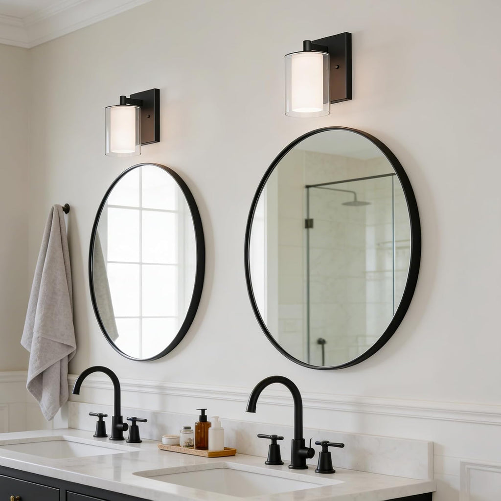 Wall Sconces Set of Two, Modern Vanity Lights with Double Clear Glass Shade Matte Black Indoor Farmhouse Wall Lights