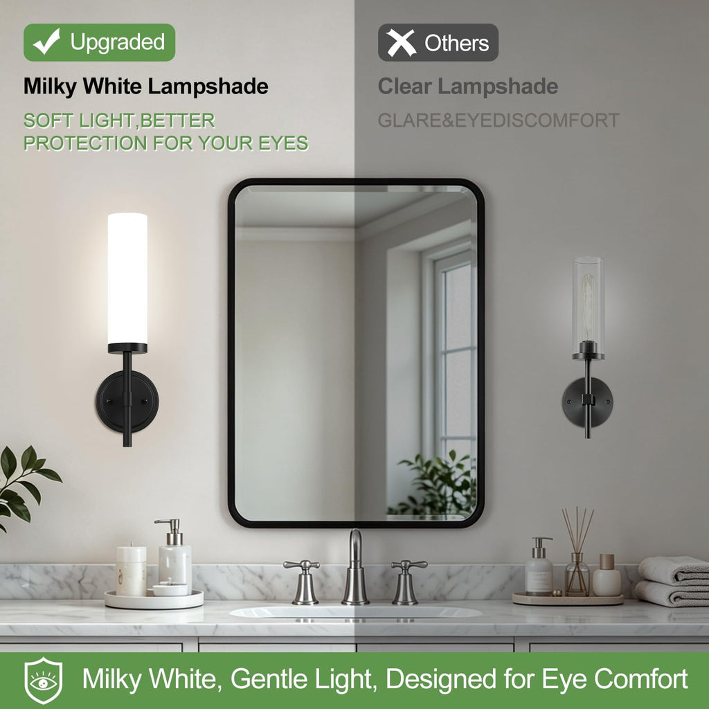 Hardwired] Wall Sconces Set of Two, Matte Black Bathroom Sconces with Milky White Glass, Modern Wall Light Fixtures