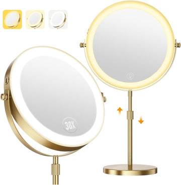 30X Magnifying Makeup Mirror with Lights, Height Adjustable Double Sided Vanity Mirror, 360° Rotation Cosmetic Mirror