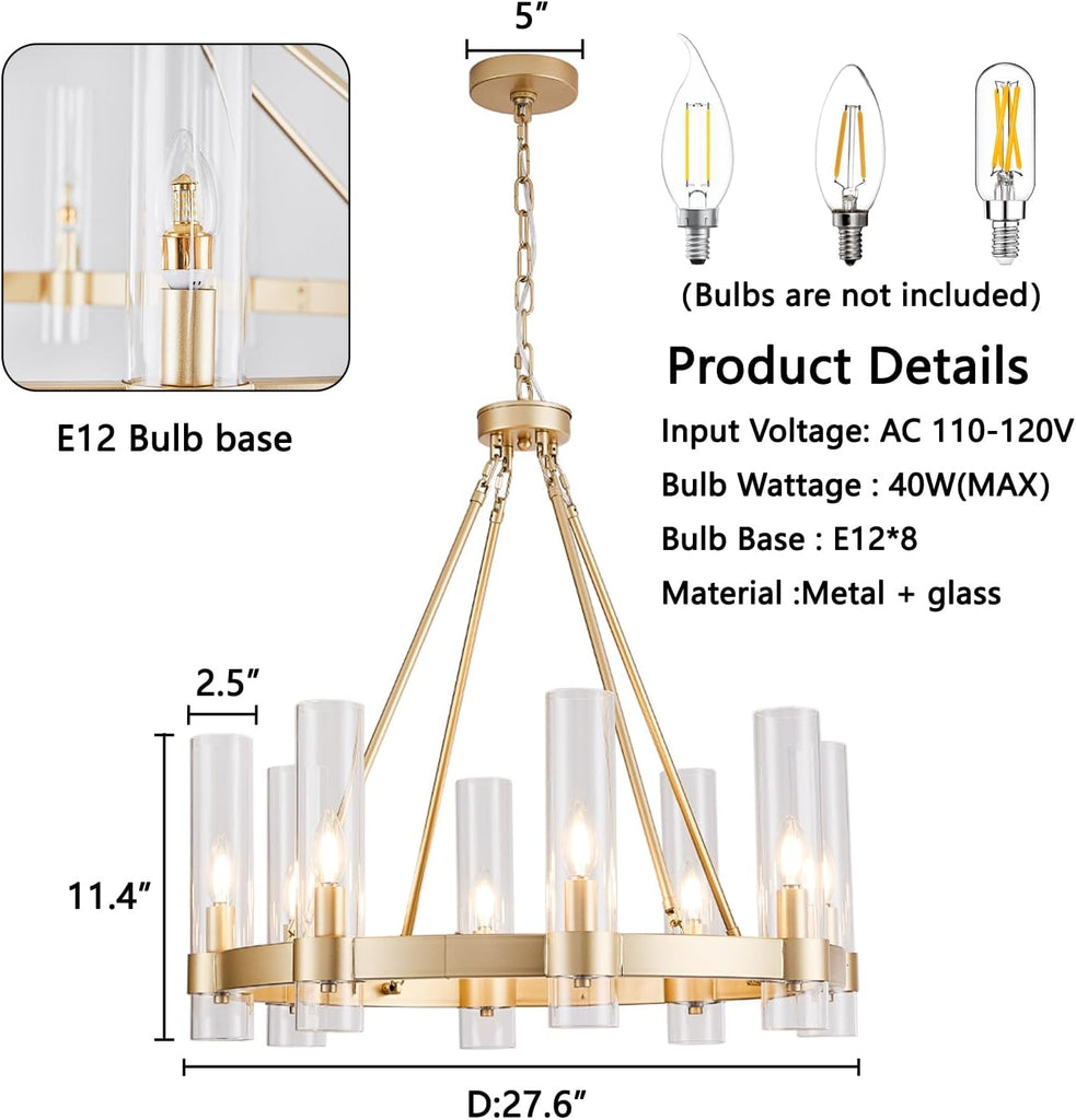 Inspired Ravelle Style Wagon Wheel Chandelier 8-Light Glass Pendant Light, Industrial Modern Golden Pendant Light, Suitable for Living Room Lighting Fixtures, Dining Rooms, Halls, Lobbies, Bedrooms
