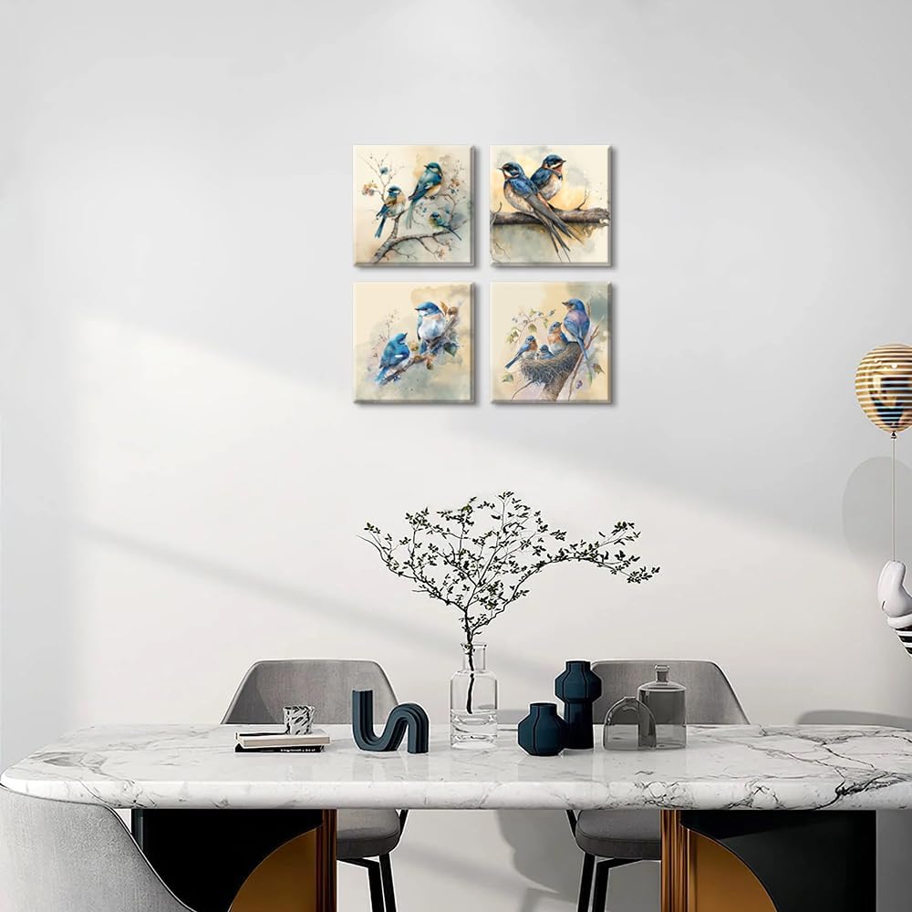 Blue Bird Stretched Canvas Wall Art for Bathoom Bedroom Home Decoration, Beautiful Lively Animal Family Picture Print