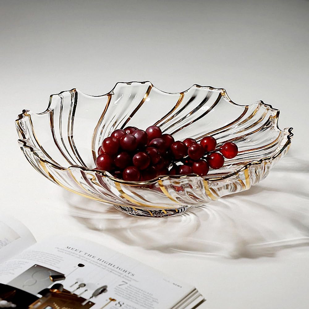 Large Hand Painted Gold Whirlwind shaped Crystal Glass Decorative Bowl-12.6 inch Diameter.
