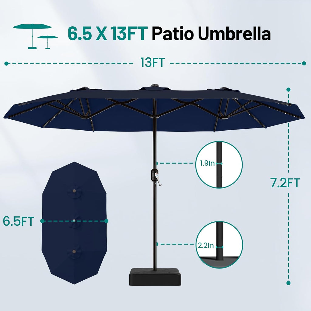 13 FT Patio Umbrella with Solar Lights, Double-Sided Outdoor Table Umbrellas with Crank