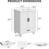24" Bathroom Vanity with Ceramic Sink - Freestanding Cabinet with 2 Doors, 1 Drawer & Wood Legs
