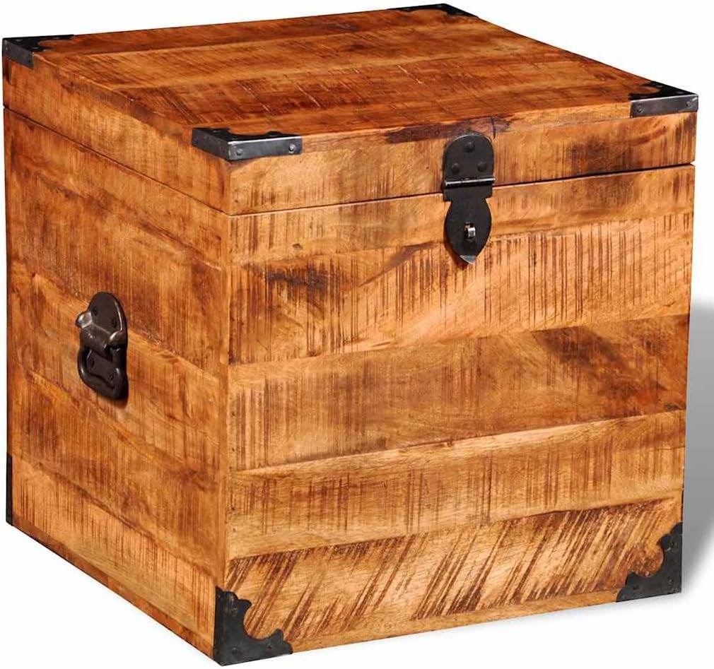 Handmade Cubic Storage Chest, Solid Rough Mango Wood Decorative Trunk, Vintage Style Organizer Bin , 18 x 18 x 18