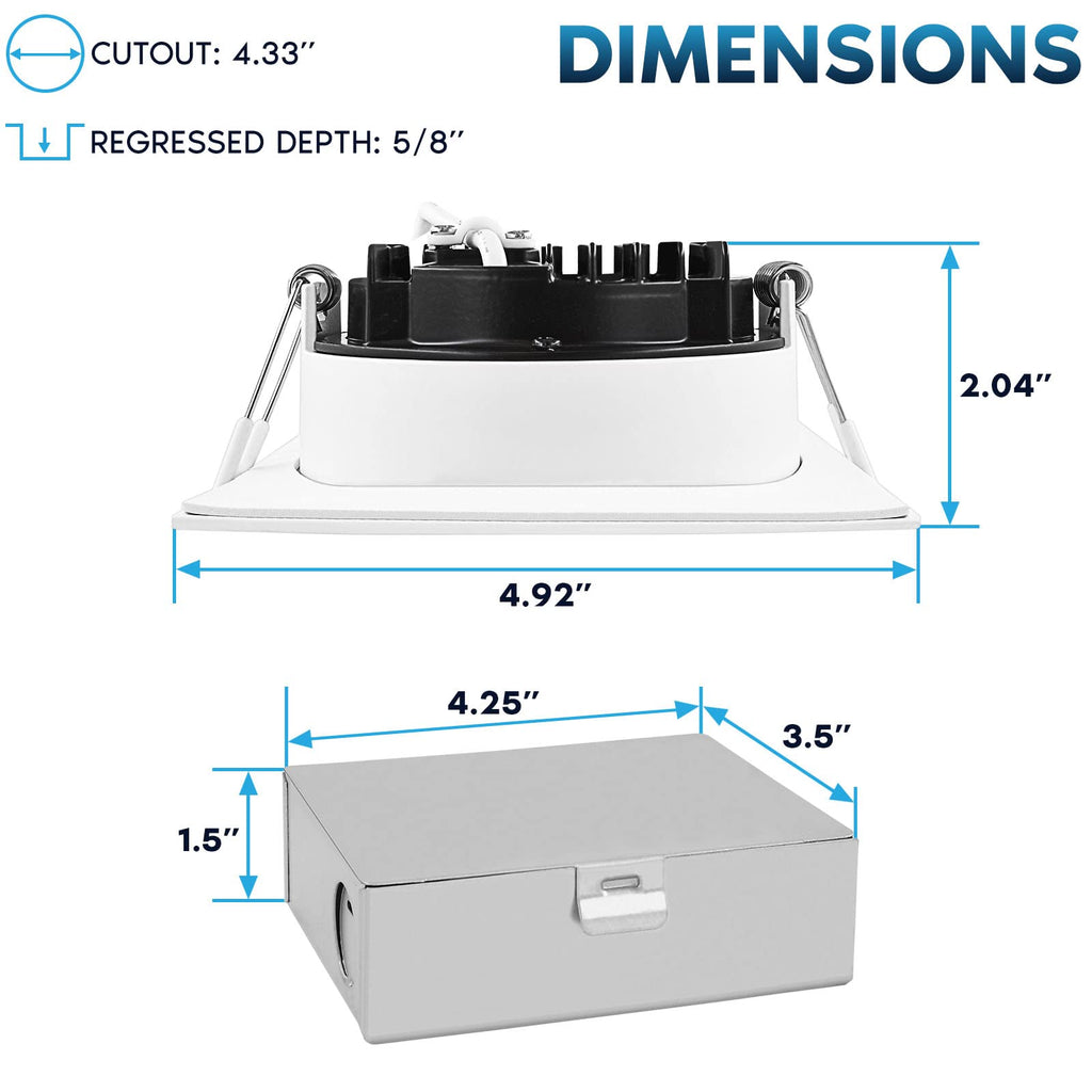 4 Inch Square LED Recessed Ceiling Light with Junction Box, 15W, 5CCT Selectable 2700K/3000K/3500K/4000K/5000K