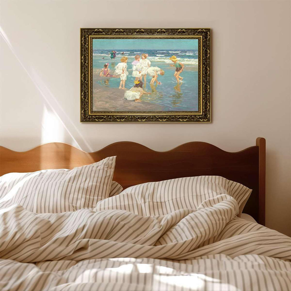 Framed Vintage Wall Art Children Playing at the Beach Poster Canvas Print Oil Paintings Reproduction World Classics