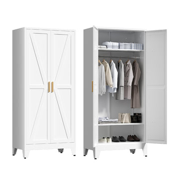 71'' Farmhouse Metal Wardrobe Cabinet with Hanging Rod, 2 Barn Door Wardrobe Closet with 2 Adjustable Shelves, Cloak