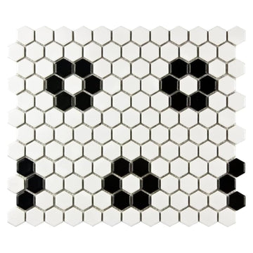 Hexagon Matte White with Black Hexagon Flower Pattern Porcelain Mosaic Floor and Wall Tile Backsplash, Bathroom