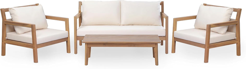 Pablo 4-Seater Patio Furniture Set with Removable Cushion, 4 Piece Outdoor Acacia Wood Conversation Set, Wooden