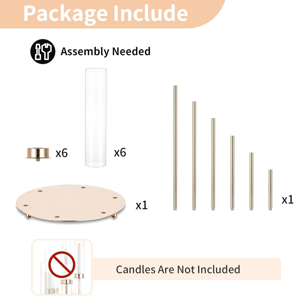 Hurricane Glass Candle Holders: 6 Arms Gold Metal Candlestick Candelabra with Removable Clear Cylinder Sleeve 24 inch