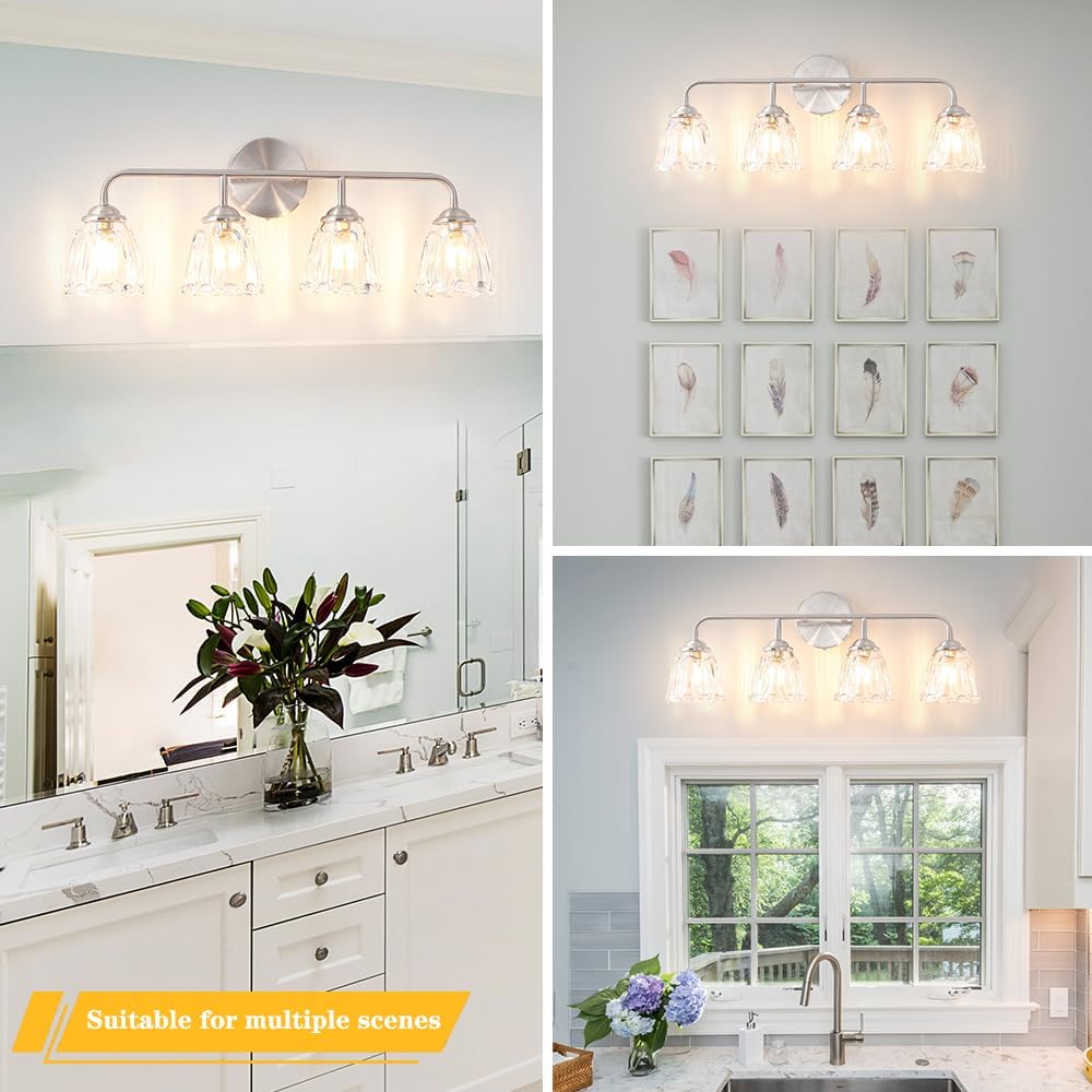 Vintage 4-Light Brushed Nickel Bathroom Light Fixtures, Elegant Bathroom Vanity Lights Over Mirror, Vanity Lighting