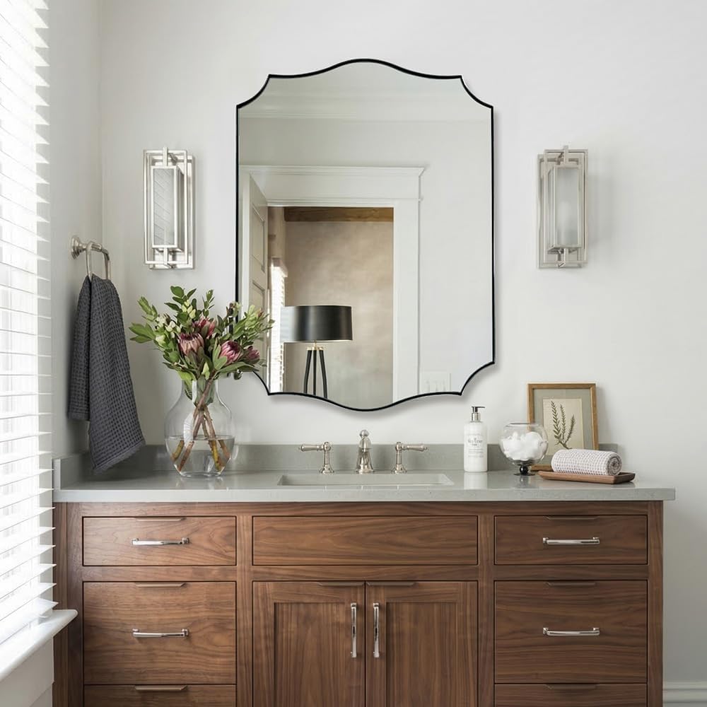24x32'' Brushed Nickel Scalloped Bathroom Vanity Mirrors for Over Sinks, Vintage Wavy Edges Silver Bathroom