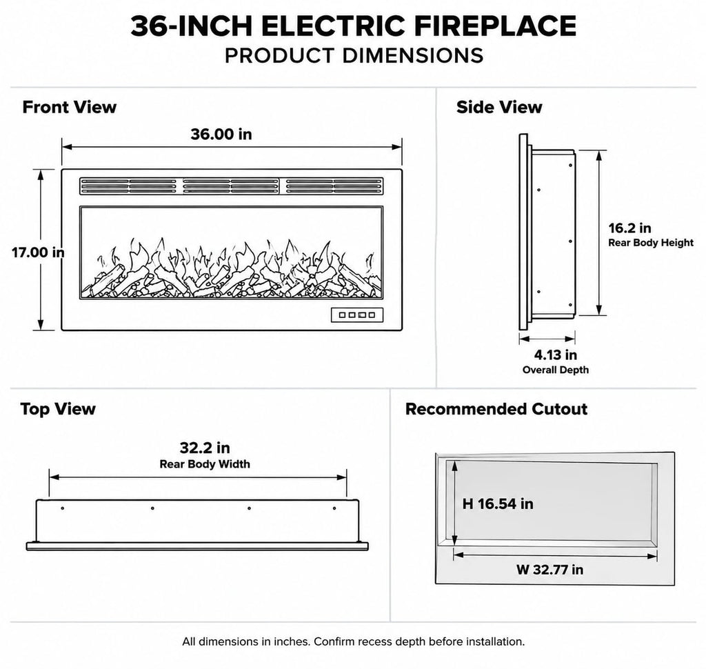 36 Inch Electric Fireplace Insert, Recessed or Wall Mounted