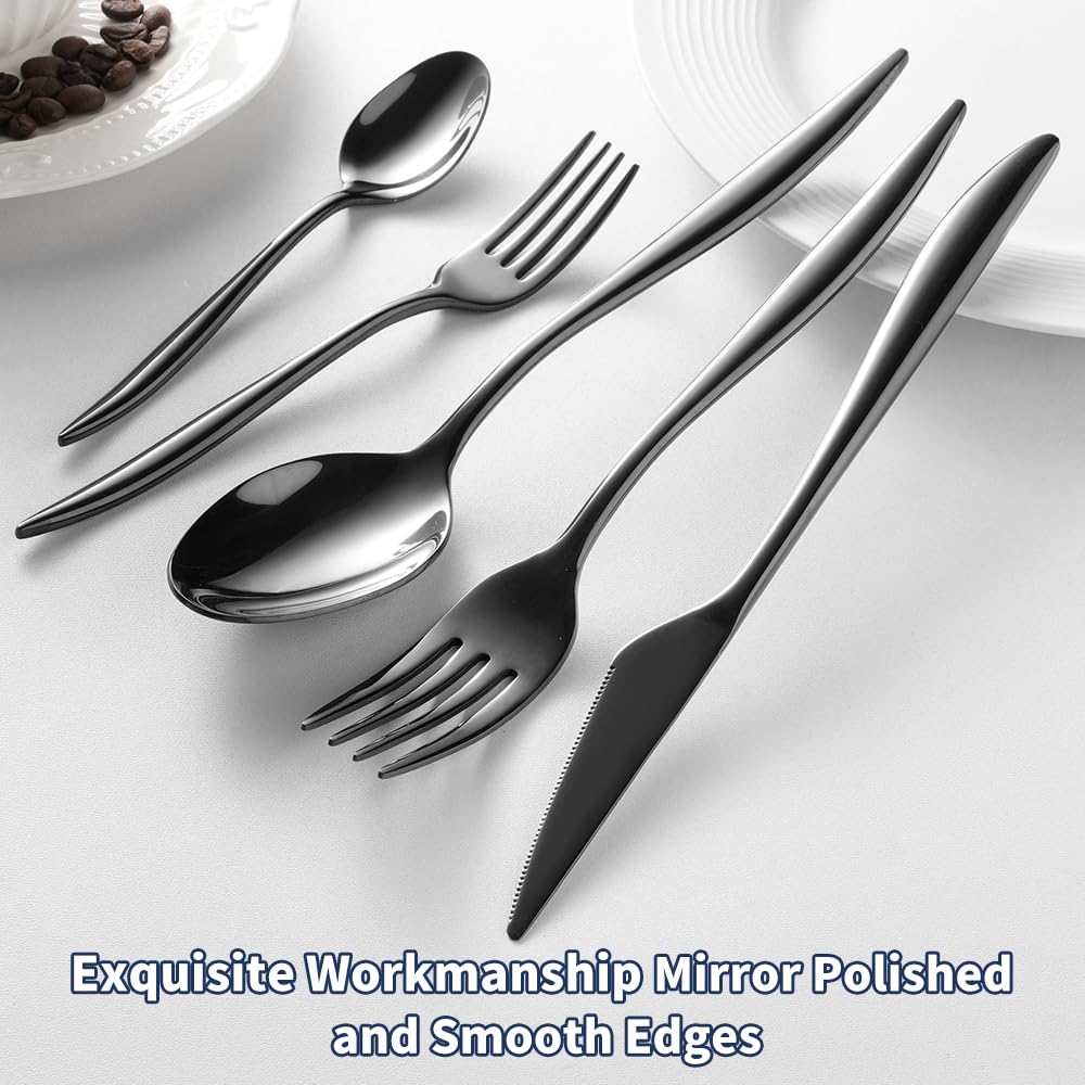 Black Silverware Set For 8, 40-Piece Everyday Flatware Set, Service For 8, Premium 18/10 Stainless Steel, Heavy Duty