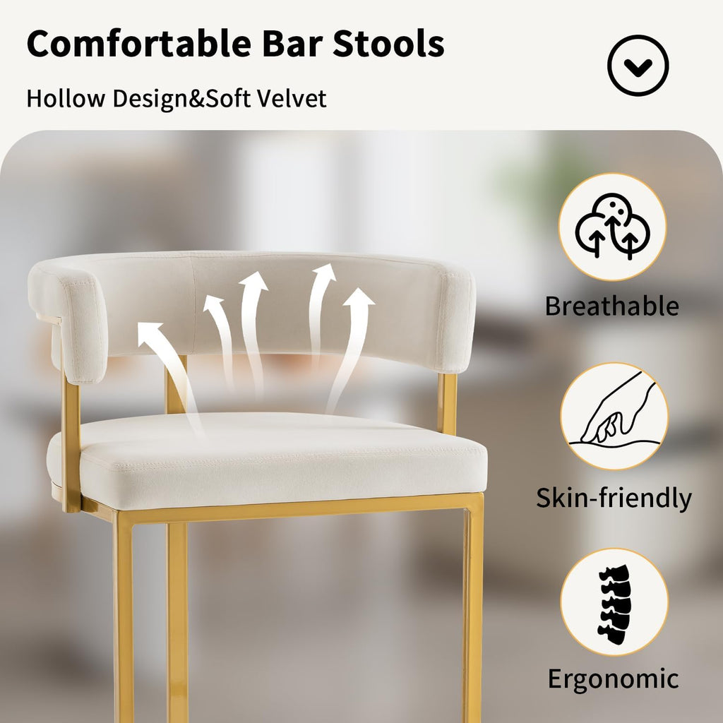 Set of 2 Beige Modern Velvet Bar Stools with Barrel Backrest, Upholstered Seat, and Gold Metal Footrest - 25.6-Inch