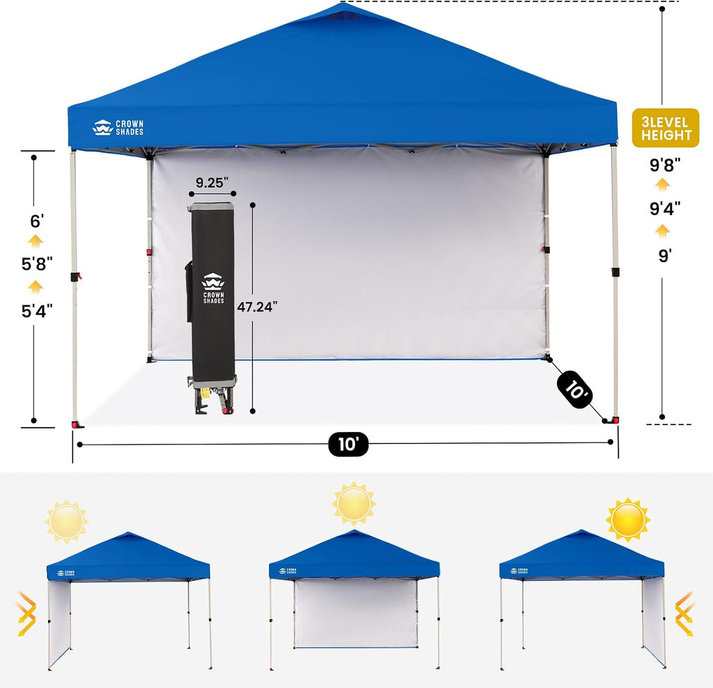 10x10 Pop Up Canopy with 1 Side Wall - Beach Tent with One Push Setup - Blue