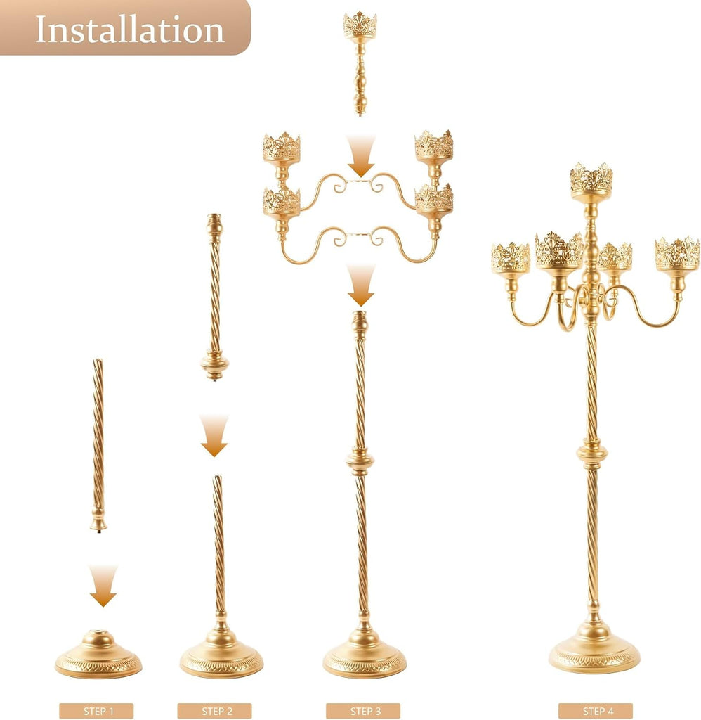 Gold Floor Candelabra, 40'' Tall Floor Candle Holders, 2 Pcs Metal 5 Arm Candelabra Centerpiece Decorations for 5