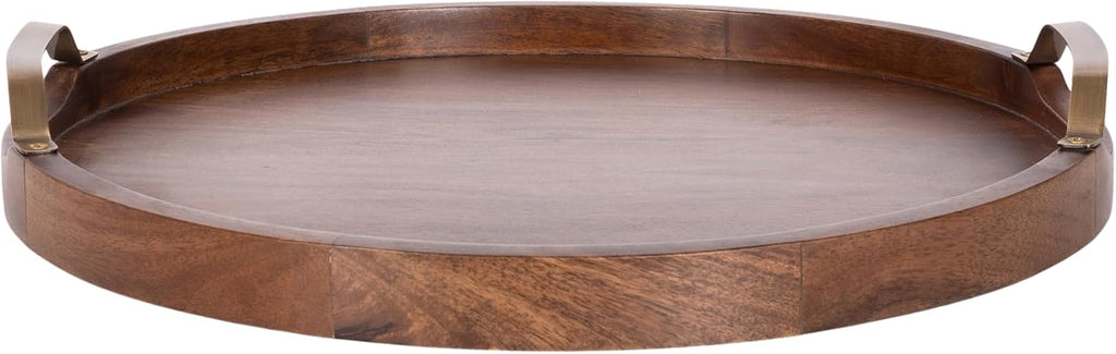 Farson Modern Decorative Wood Round Ottoman Tray with Handles, 18 Inch Diameter, Walnut Brown and Antique Brass