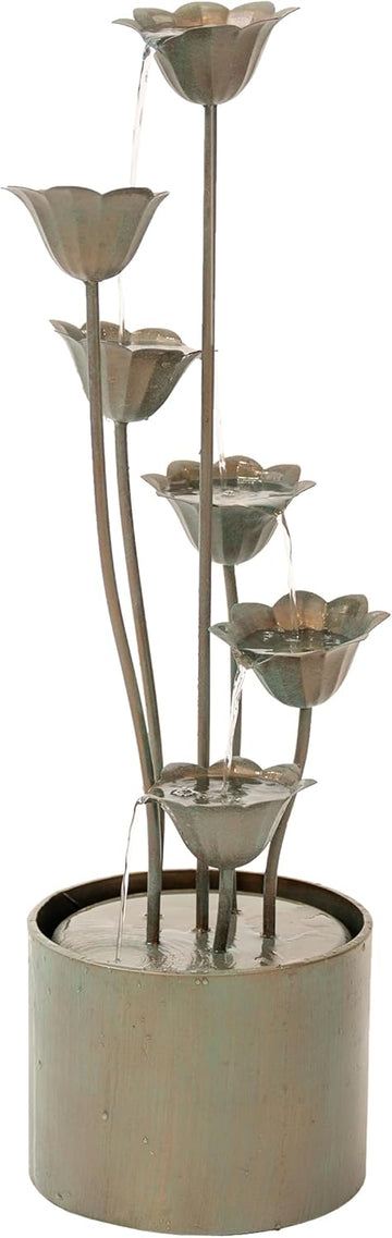 35" Tall Silver Metal Sculptural Flower Multi-Tier Freestanding Water Fountain for Indoor & Outdoor Use